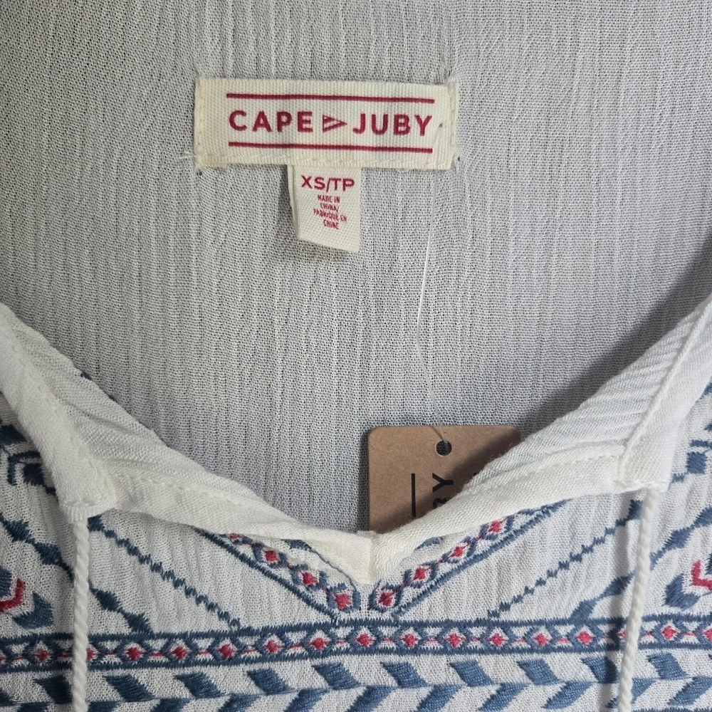 Cape Juby White and Blue Relaxed Blouse with Bib Collar - Picture 3 of 6